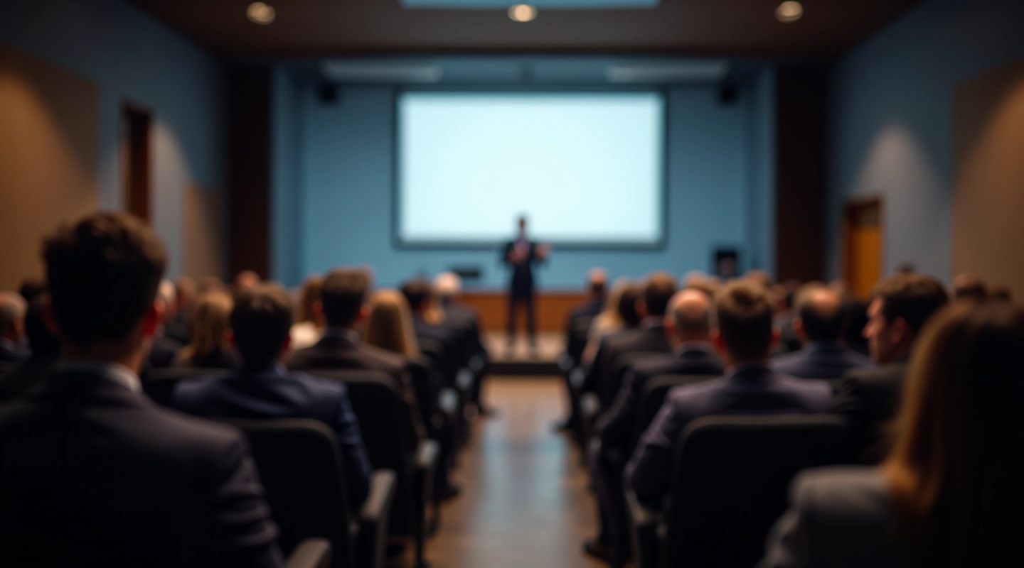 Biznesa konferencē sēžošie cilvēki klausās lektoram uz skatuves ar projektoru ekrānu aizmugurē
