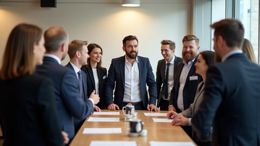 Konferences dalībnieki stāv un sarunājas pie kafijas stola, neformāla vidē, dabīga apgaismojuma dēļ