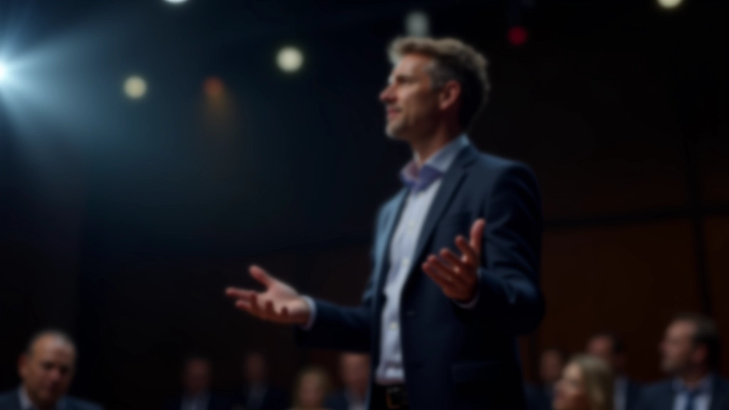 Vīrs konferencē prezentē auditorijas priekšā, uzsver svarīgu punktu ar žestu